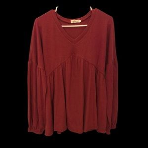 CLARISBELLE Casual V-neck Long Sleeve Flowy Maroon Blouse